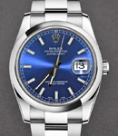 Datejust 36mm in Steel with Smooth Bezel on Oyster Bracelet with Blue Index Dial