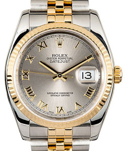 Datejust 36mm in Steel with Yellow Gold Fluted Bezel on Jubilee Bracelet with Silver Roman Dial