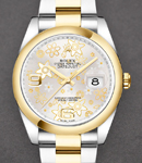 Datejust 36mm in Steel with Yellow Gold Smooth Bezel on Oyster Bracelet with Silver Floral Dial