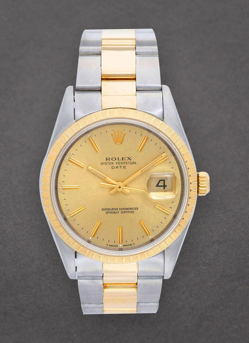 Pre-Owned Rolex Date 34mm in Steel with Yellow Gold Engine Turn Bezel