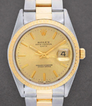 Date 34mm in Steel with Yellow Gold Engine Turn Bezel on Oyster Bracelet with Champagne Stick Dial