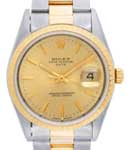 Date 34mm in Steel with Yellow Gold Engine Turn Bezel on Oyster Bracelet with Champagne Stick Dial