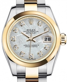 Ladies Datejust 26mm in Steel with Yellow Gold Domed Bezel  on Oyster Bracelet with White Meteorite Diamond Dial