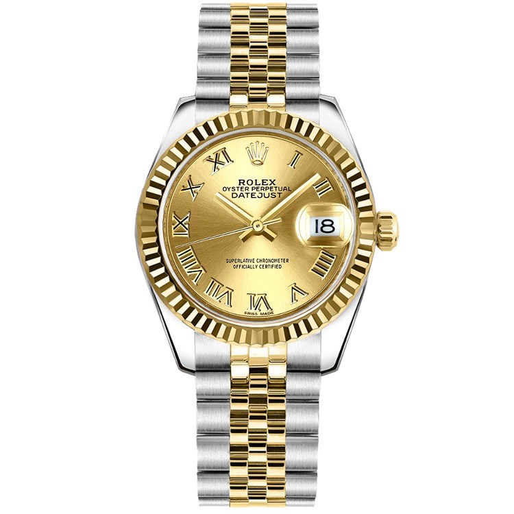Datejust 31mm in Steel with Yellow Gold Fluted Bezel on Jubilee Bracelet with Champagne Roman Dial