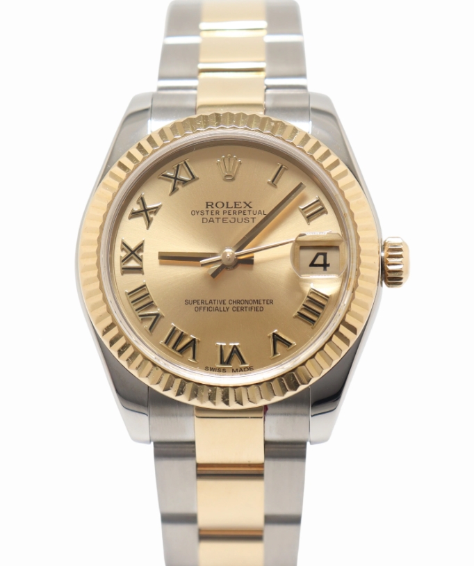 Datejust 31mm in Steel with Yellow Gold Fluted Bezel on Oyster Bracelet with Champagne Roman Dial