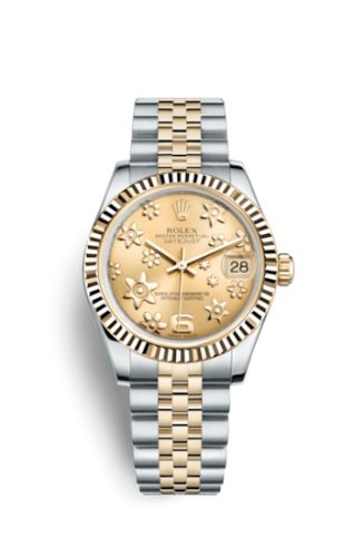Datejust 31mm in Steel with Yellow Gold Fluted Bezel  on Jubilee Bracelet with Champagne Flora Dial