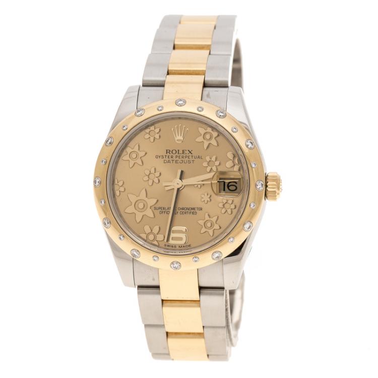 Datejust 31mm in Steel with Yellow Gold Gem-Set Domed Bezel on Oyster Bracelet with Champagne Floral Dial