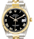 Datejust 36mm in Steel with Yellow Gold Fluted Bezel on Jubilee Bracelet with Black Roman Dial