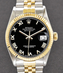 Datejust 36mm in Steel with Yellow Gold Fluted Bezel on Jubilee Bracelet with Black Roman Dial