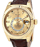 Sky Dweller in Yellow Gold with Fluted Bezel on Strap with Champagne Arabic Dial
