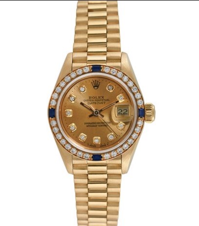 Pre-Owned Rolex Ladies President in Yellow Gold with Ruby Diamond Bezel