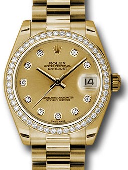 Midsize 31mm President in Yellow Gold with Diamond Bezel on President Bracelet with Champagne Diamond Dial