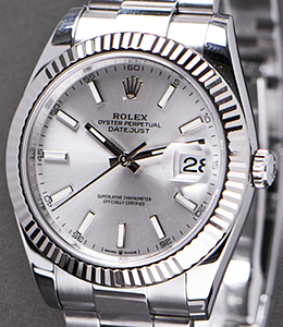 Datejust 41mm in Steel with White Gold Fluted Bezel on Oyter Bracelet with Silver Stick Dial