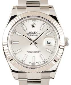 Datejust II 41mm in Steel with White Gold Fluted Bezel on Oyter Bracelet with Silver Stick Dial