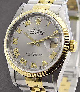 2-Tone Datejust 36mm with Yellow Gold Fluted Bezel on Jubilee Bracelet with Rhodium Roman Dial