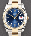 Datejust 36mm in Steel with Yellow Gold Fluted Bezel on Oyster Bracelet with Blue Stick Dial