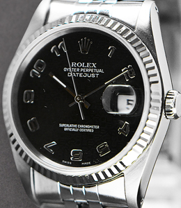 Datejust 36mm with White Gold Fluted Bezel on Jubilee Bracelet with Black Jubilee Arabic Dial
