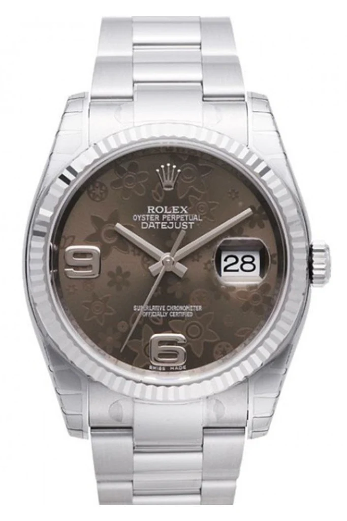 Men's Datejust 36mm in Steel with White Gold Fluted Bezel on Oyster Bracelet with Bronze Floral Dial