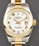 Ladies Datejust in Steel with Yellow Gold Domed Bezel on Oyster Bracelet with White MOP Roman Dial