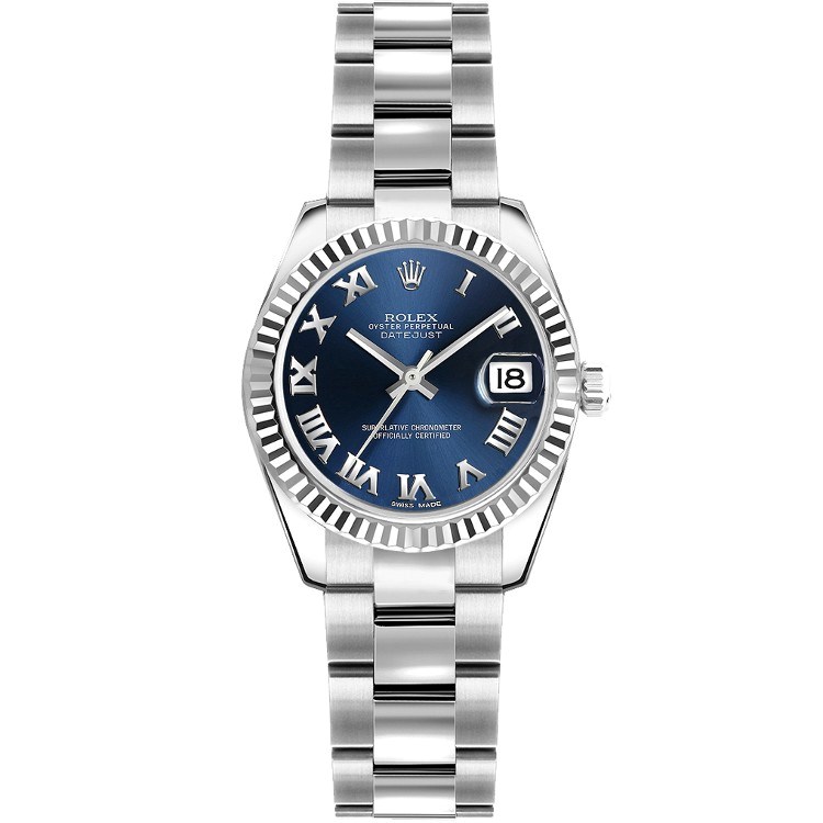Datejust Lady's in Steel with White Gold Fluted Bezel on Steel Oyster Bracelet with Blue Roman Dial