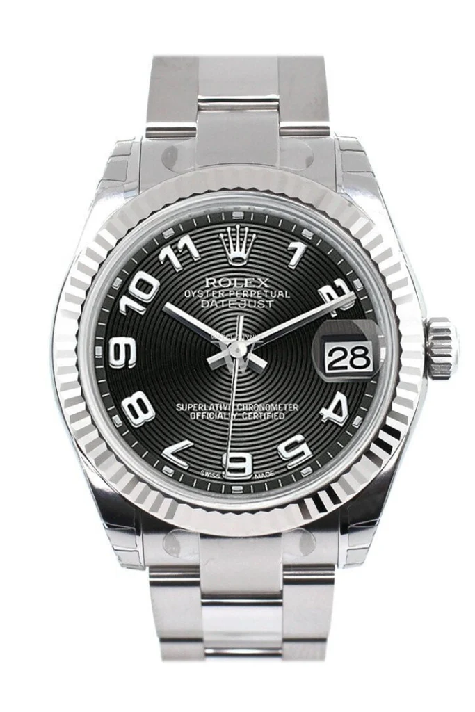 Datejust Midsize 31mm in Steel with White Gold Fluted Bezel On Oyster Bracelet with Black Concentric Arabic Dial
