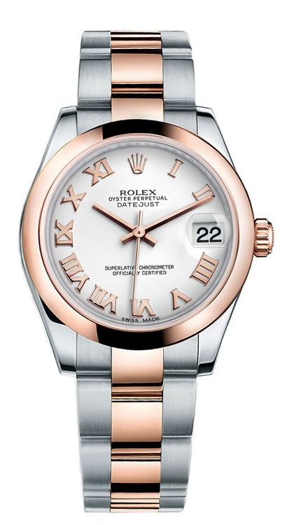 Datejust 31mm in Steel with Rose Gold Smooth Bezel on Oyster Bracelet with White Roman Dial