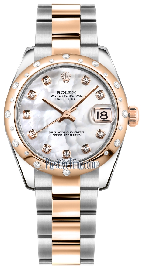Mid Size Datejust 31mm in Steel with Rose Gold 24 Diamond Bezel on Oyster Bracelet with Mother of Pearl Diamond Dial