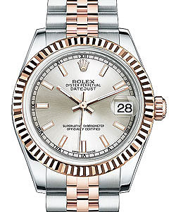 Mid Size Datejust 31mm in Steel with Rose Gold Fluted Bezel on Jubilee Bracelet with Silver Stick Dial