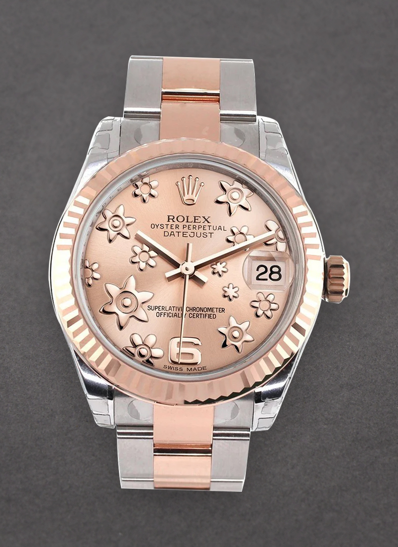 178241 used Pink Floral Rolex Mid Size Datejust 2 Tone Rose Steel Oyster Bracelet Essential Watches