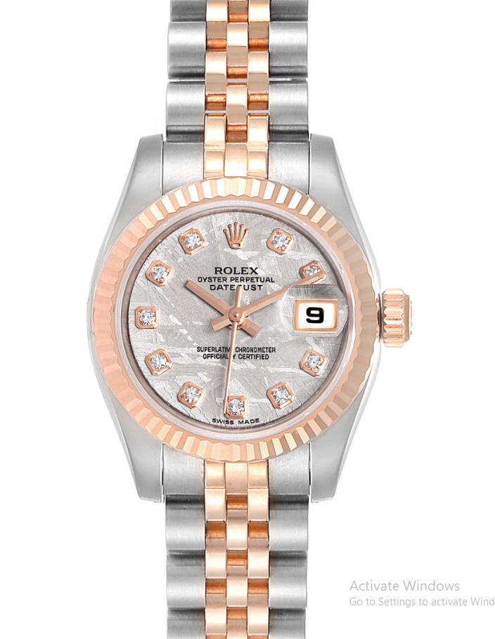 DateJust 26mm in Steel with Rose Gold Fluted Bezel on Steel and Rose Gold Jubilee Bracelet with Meteorite Diamond Dial