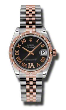 2-Tone Mid Size Datejust with Domed Diamond Bezel on Jubilee Bracelet with Black Roman Dial with Diamond VI