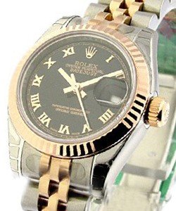 Datejust 26mm in Steel with Rose Gold Fluted Bezel on Jubilee Bracelet with Black Roman Dial