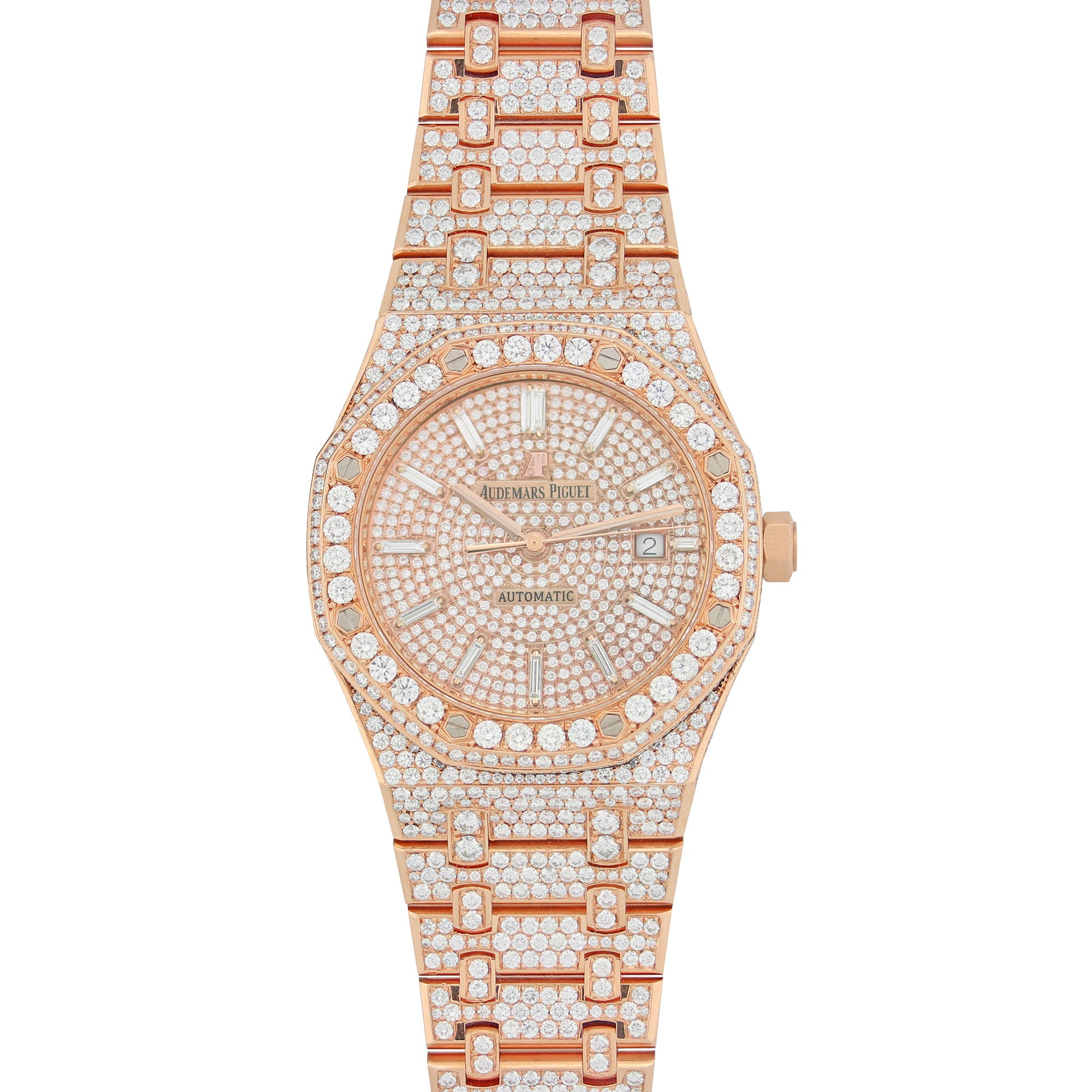 Royal Oak in Rose Gold with Diamond Bezel   on Rose Gold Diamond Bracelet with Pave Diamond Dial