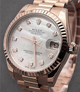 Datejust Mid Size in  Rose Gold with Fluted Bezel on Rose Gold President  Bracelet with MOP Diamond Dial