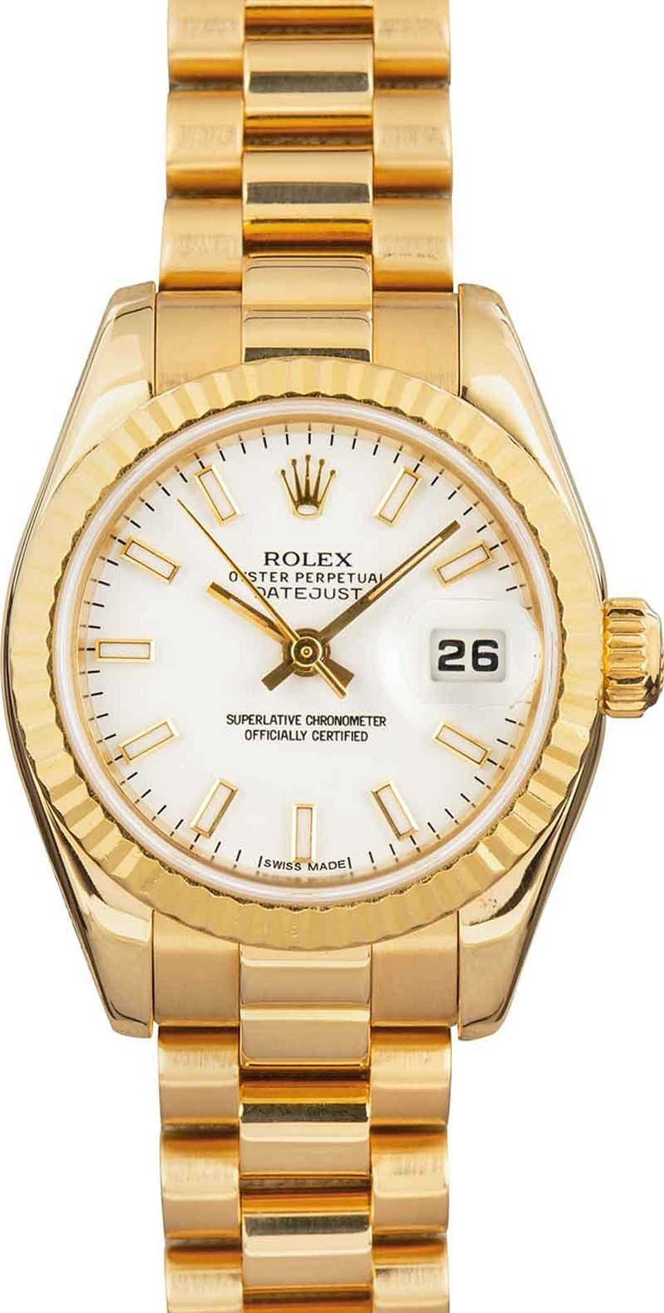 Ladies President in Yellow Gold with Fluted Bezel on Yellow Gold President Bracelet with White Stick Dial