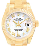 President Ladies in Yellow Gold with Fluted Bezel on Yellow Gold President Bracelet with White Mother of Pearl Roman Dial