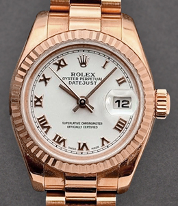 Ladies President in Rose Gold with Fluted Bezel on Rose Gold President Bracelet with White Roman Dial