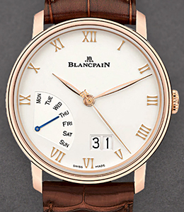 Villeret Grand Date Retrograde Day 40mm in Rose Gold on Brown Crocodile Leather Strap  with Silver Dial