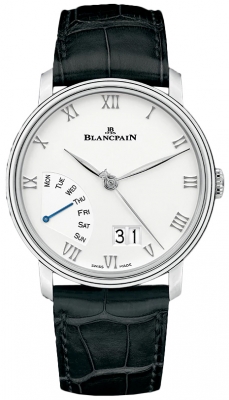 Villeret Grand Date Retrograde Day 40mm in Stainless Steel on Black Crocodile Leather Strap  with White Dial