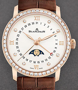 Villeret Quantieme Phases de Lune 33.2mm in Rose Gold with Diamond Bezel on Brown Crocodile Leather Strap with Silver Dial