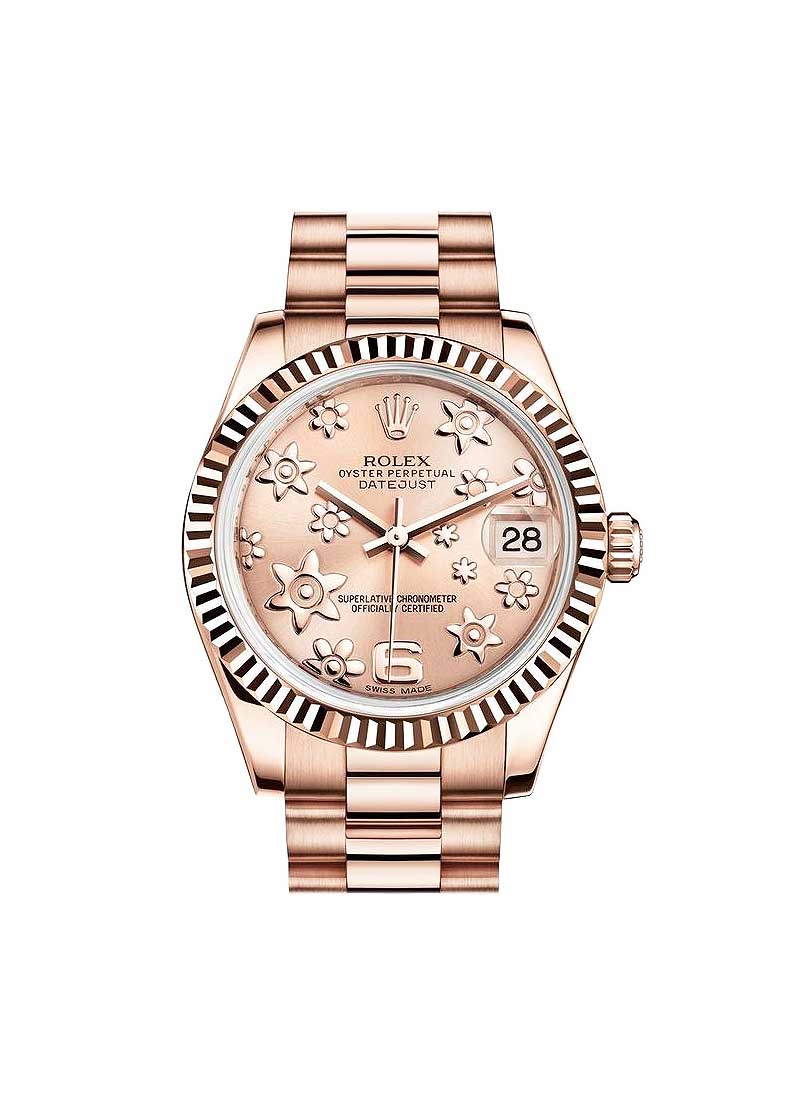 Mid Size Datejust 31mm in Rose Gold with Fluted Bezel on President Bracelet with Pink Floral Dial