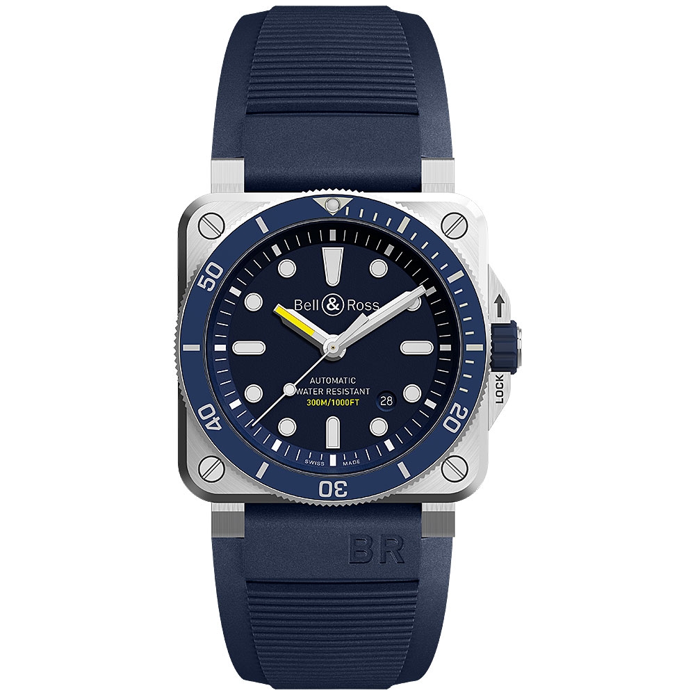 BR03-92 Diver Automatic in Steel with Blue Bezel on Blue Rubber Strap with Blue Dial