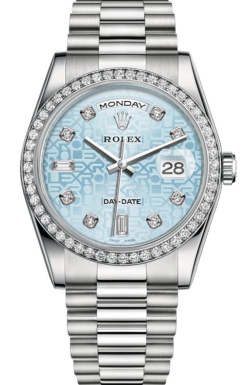 President Day-Date 36mm in Platinium with Diamond Bezel on President Bracelet with Ice Blue Jubilee Diamond Dial