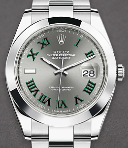 Datejust 41mm in Steel with Smooth Bezel on Oyster Bracelet and Slate Dial with Green Roman Numerals