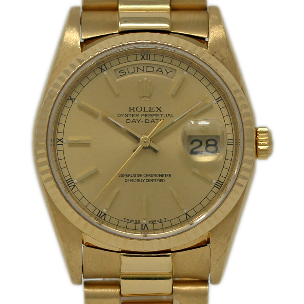 President - 36mm - Yellow Gold - Fluted Bezel on Bracelet with Champagne Stick Dial