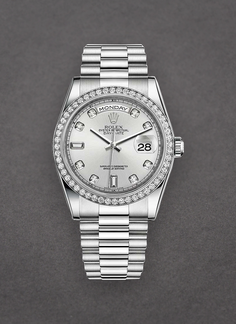 Pre-Owned Rolex President Day Date 36mm in Platinum with Diamond Bezel