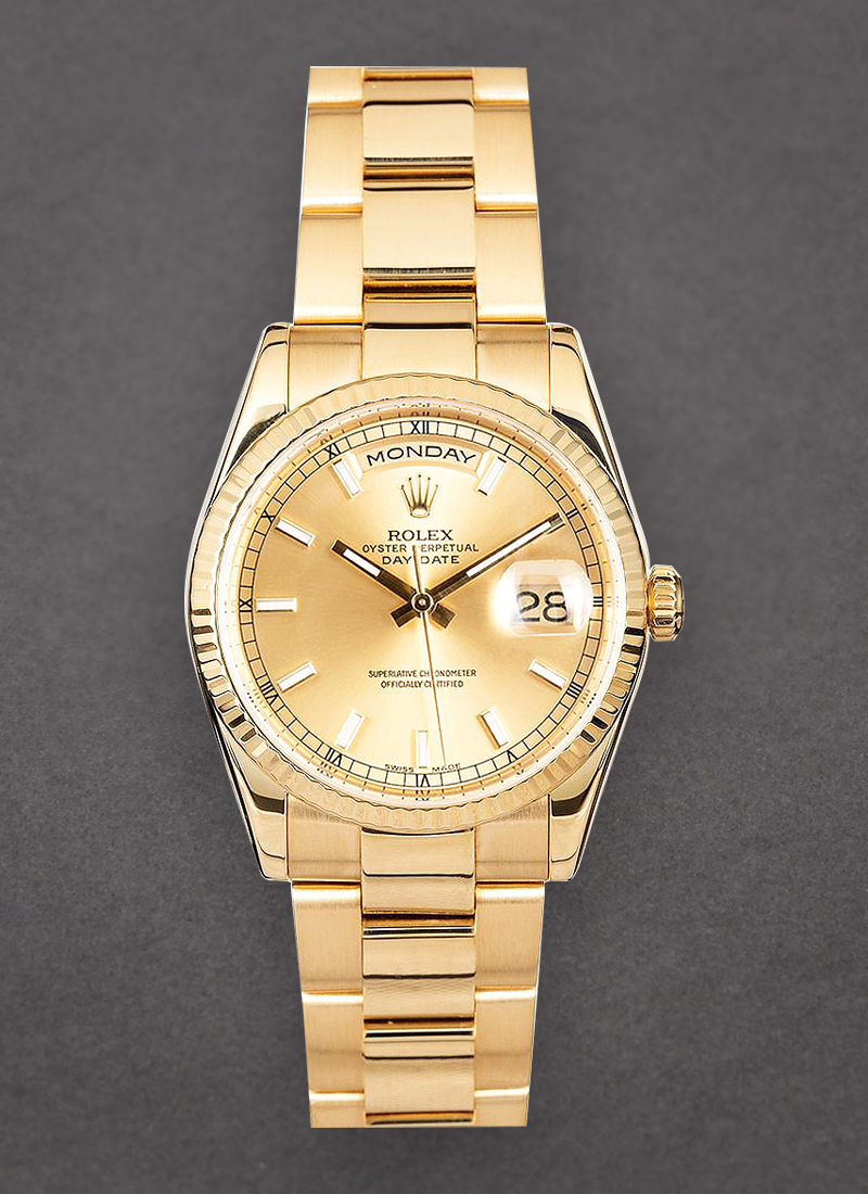 118238 used champagne stick Rolex President 36mm Yellow Gold on Oyster Bracelet Essential Watches