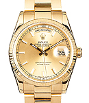 President Day-Date 36mm in Yellow Gold with Fluted Bezel on Oyster Bracelet with Champagne Lume Index Dial