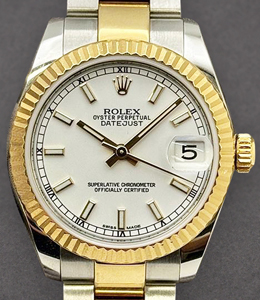 Datejust - Steel with Yellow Gold - Fluted Bezel on Oyster Bracelet with White Stick Dial