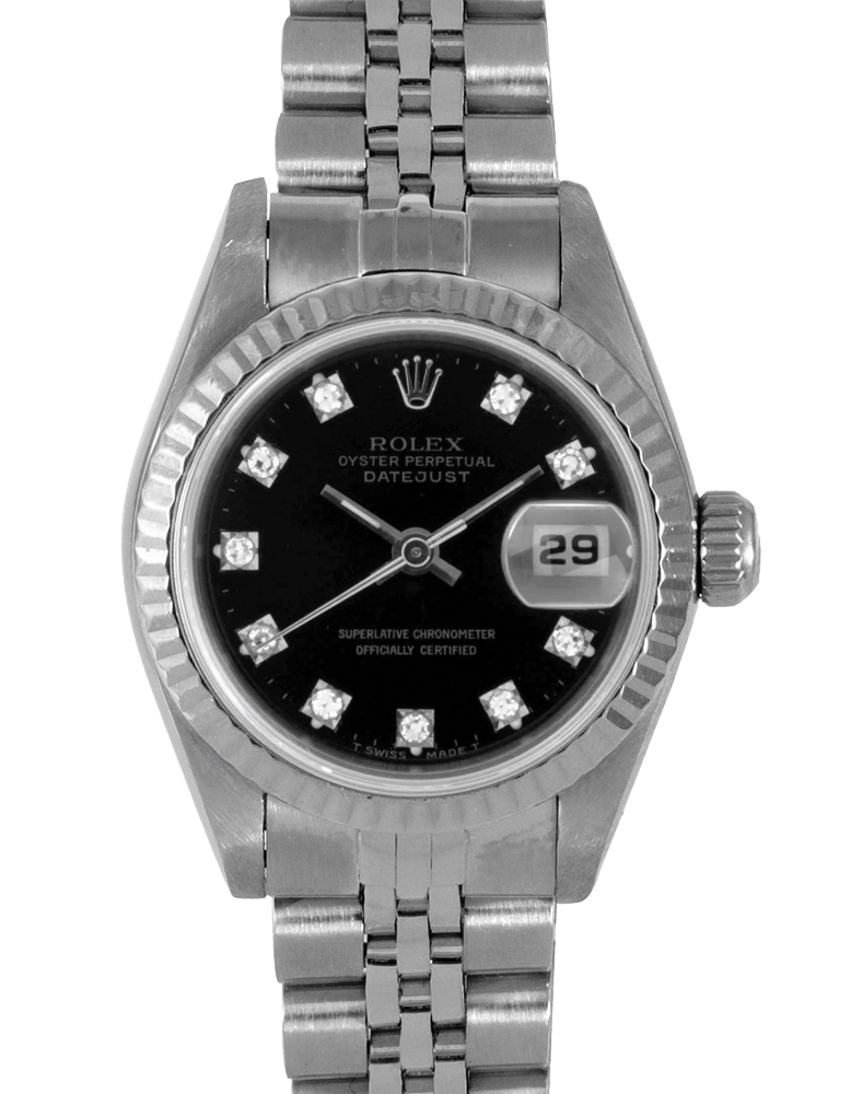 Ladies Datejust 26mm in Steel with White Gold Fluted Bezel on Jubilee Bracelet with Black Diamond Dial